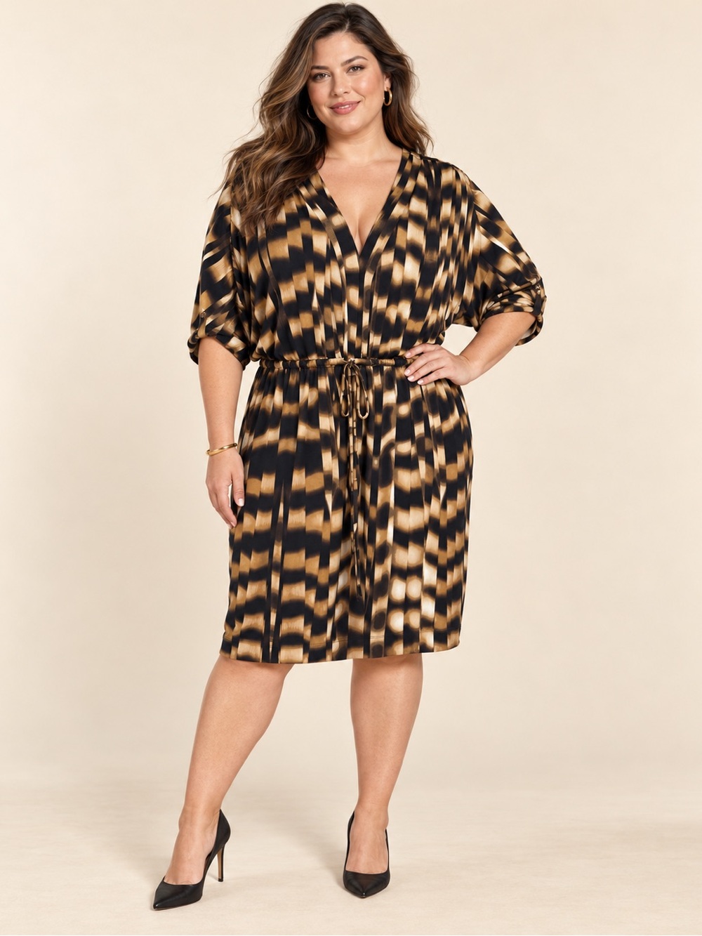 CALVIN KLEIN 🖤  Black and Gold Patterned Drawstring Waist Dress
